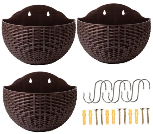 Hbbgdiy 3PCS Coffee-Colored PP Hanging Wall Planters 8x6.5 Inch with Drainage Hole & Plug, Indoor Outdoor Vertical Garden Pots for Succulents & Herbs