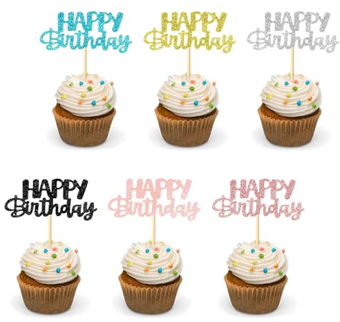 LXUEJIE 24 Pcs Happy Birthday Cupcake Toppers, Glitter Birthday Cupcake Picks Lightweight Cake Toppers Food Picks for Celebrating Party Cake Decorations Supplies (6 Colors)