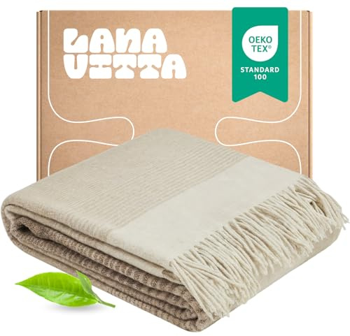 Lanavitta – Wolldecke „Dolores“ – Kuschelige Decke aus 100% australischer Merinowolle – Luxus Plaid, Sofadecke, Couchdecke & Bettüberwurf – Beige – 150x200 cm