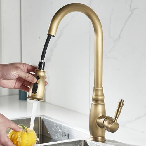 TYMYW Wasserhahn Küche Ausziehbar mit Brause und 3 Modi 360° Drehbar Küchenarmatur Ausziehbar Messing Einhebelmischer,Retro
