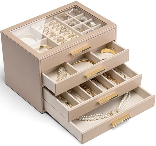 VLANDO Schmuckkästchen Groß,Schmuckaufbewahrung mit 4 Ebenen,PU leader | Schmuck Organizer für Halsketten, Ohrringe, Uhren, Armbänder，Wohndekoration, Geschenk für Damen, Milchkaffee