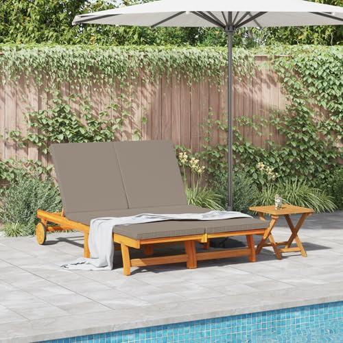 ZQQLVOO Doppel-Sonnenliege mit Rädern und Kissen aus massivem Akazienholz, verstellbare Rückenlehne, wetterfestes Design für Garten und Balkon, Bequeme Polsterung, pflegeleicht