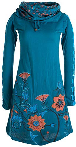 Vishes - Alternative Bekleidung - Damen Kleid mit Blumen-Muster Langarm Herbst Frühling Schalkragen türkis 44