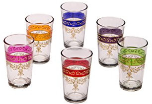 Orientalische verzierte Teegläser Set 6 Gläser Gibril bunt Gold | Marokkanische Tee Gläser 6 Farben Deko orientalisch | 6 x Orientalisches Marokkanisches Teeglas verziert | Verschiedene Muster