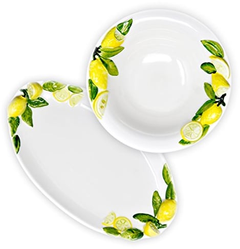 Lashuma 2er Set Kombiservice, Runde Salatschüssel 26 cm und Ovale Servierplatte 34 x 19 cm mit Zitronenrelief, Handgemachtes Keramik Geschirrset