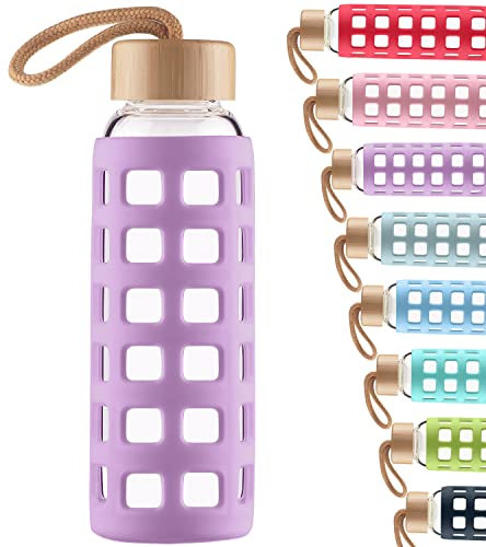 Cleesmil Botella de Agua de Cristal de Deporte con Funda de Silicona con Tapa de Bambú 1000 ml (Violeta)