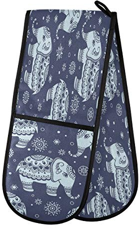 ZZXXB Ethnic Elephant Floral Double Oven Mitt Heat Resistant Non-Slip Kitchen Gloves Extra Long 7 x 35 for Cooking Baking Barbecue Grilling