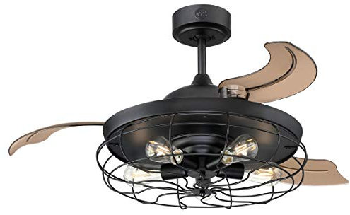 73001 Dunlin, 105 cm LED-Deckenventilator mit Beleuchtung und Fernbedienung von Westinghouse Lighting im Vintage-Stil, Ausführung in Mattschwarz mit käfigförmigem Lampenschirm und einziehbaren Flügeln