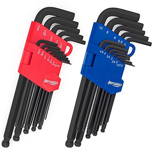 InPower Juego de llaves Allen, 26 piezas SAE y métricas hexagonales, juego de llaves Allen de brazo largo, herramientas para tornillos de cabeza hexagonal, 2 juegos.
