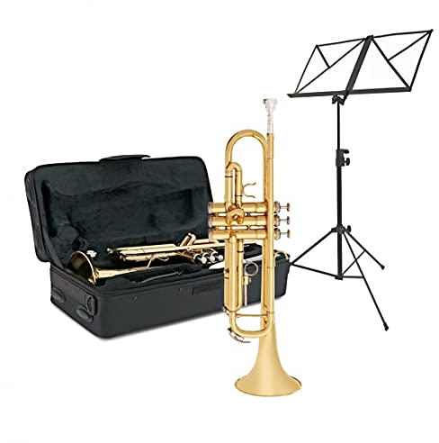 Trompeten-Starterpaket von Gear4music, Gold mit Etui und Notenständer