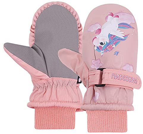 JNUYISW Gants de Ski Enfant, Moufles de Ski Fille Garçon Chaud Étanches pour Ski Snowboard et Les Activités d'hiver pour Vélo Équitation Patinage Garçons Filles 2-10 Ans, Licorne Rose