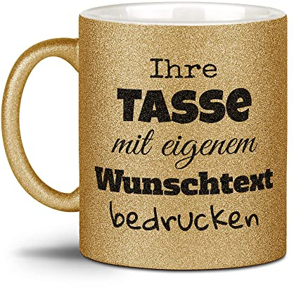 Tassendruck Glitzertasse - selbst gestalten, mit Text personalisieren | Gelbgold, Geschenk für Familie, Freunde, Frauen, Glitter, Links & Rechts vom Henkel bedruckt, Keramik, 300 ml