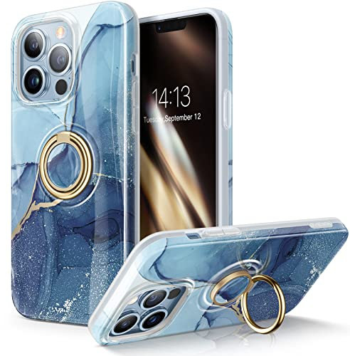 GVIEWIN Compatible with iPhone 13 Pro Case 6.1 Inch 2021, Built-in 360° Rotatable Ring Holder Kickstand, Stylish Marble Slim TPU Shockproof Protective Case Cover [With Ring Stand], Navy Blue