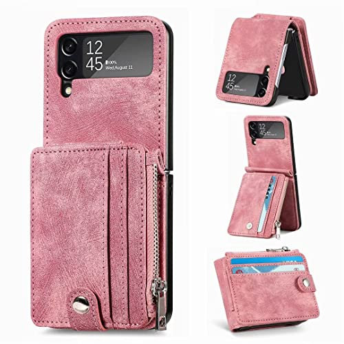 Designed for Samsung Galaxy Z Flip 4 5G Case, Zipper Flip Leather Wallet Samsung Z Flip 4 5G Case, Shockproof Cover with Card Holders Kickstand Phone Case for Samsung Galaxy Z Flip 4 5G, pink