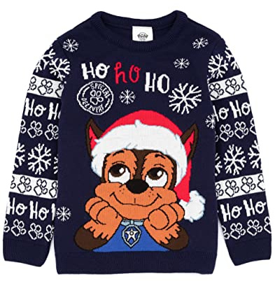 Paw Patrol Christmas Jumper Kids | Girls Boys Santa Hat Chase Police Dog Festive Navy Knitted Sweater | Xmas Gifts for Him Her
