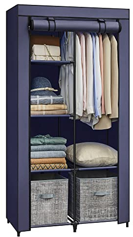 SONGMICS Portable Closet, 34.6 Inch Large Capacity Wardrobe Closet Organizer with Fabric Cover, Hanging Rods and Shelves, 34.6 x 17.7 x 66.1 Inches, for Bedroom, Living Room, Dark Blue URYG084I02