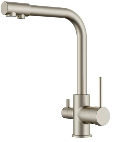 FORIOUS Rubinetto Lavello Cucina, Miscelatore Cucina Rubinetto 3 Vie, Acciaio Inossidabile Rubinetto Cucina a Due Maniglie con Beccuccio Acqua Potabile e Girevole a 360°, Acciaio Inossidabile
