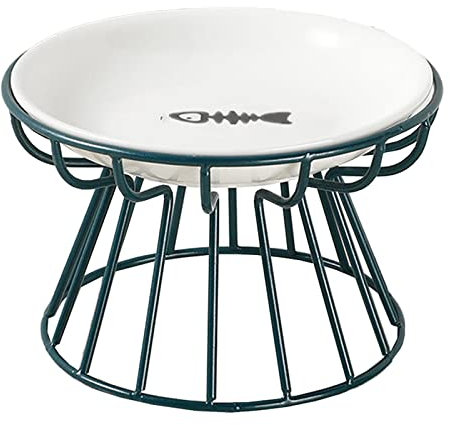 COKEEY 2023 New Ceramic Cat Bowl with Metal Stand, Anti-Vomit Elevated Bowl-Raised Cat Plate Food Water Anti Vomiting Shallow Ceramic Dish for Cat Small Dogs (Green, Fish Plate)