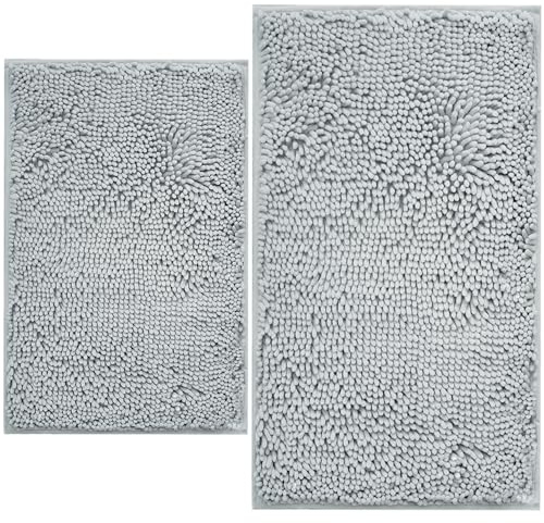 BOANKODU Bathroom Rugs Sets 2 Piece, Extra Soft Chenille Bath Mat Absorbent Bathroom Rug, Bathroom Mat with PVC Non-Slip Bottom, Machine Washable Bath Rugs (32x20 Inch + 24x16 Inch, Light Grey)