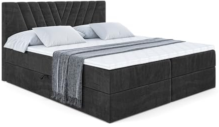 ALTDECOR Boxspringbett mit Matratze und Lattenrost, Boxbett, Topper, Polsterbett mit Bettkasten, Bett mit Stauraum H4-Matratze, Doppelbett, Springboxbett - ERNINA - 160x200 - Schwarz Samt