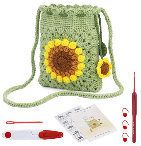 ENCHOL Beginner Crochet Kit, Sunflower Phone Bag Crochet Kit, Complete Crochet Kits for Starters Adults with Step-by-Step Video Tutorials for DIY Craft Creations