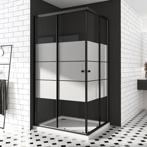 Duschkabine 75x90 cm, Schwarz Doppel Schiebetür Milchglas Streife Eckeinstieg Duschwand Duschabtrennung 6mm ESG Sicherheisklarglas Schnelle Installation Höhe 185cm