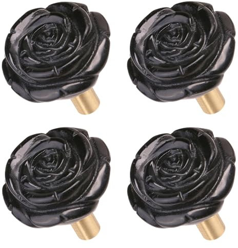 mookaitedecor Set of 4 Natural Black Obsidian Crystal Drawer Pulls and Knobs with Screws, Decorative Floral Rose Flower Stone Knob Handles for Cabinet Cupboard Kitchen Door Dresser