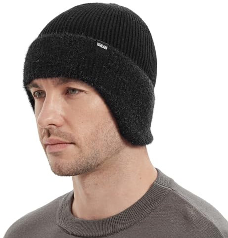 Wmcaps Bonnet d'hiver en Polaire avec Cache-Oreilles pour Homme et Femme - Chaud - en Tricot Thermique, Noir, Taille Unique