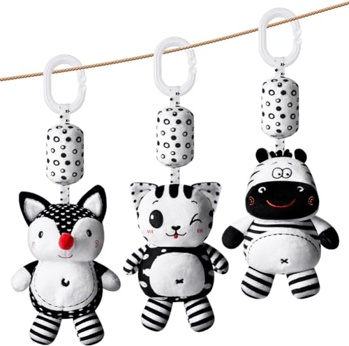 Aolso Kinderwagen Spielzeug, 3Pcs hängendes Rasselspielzeug, schwarz-weißes Spielzeug, Baby-Hängespielzeug, Neugeborenes Autositz-Spielzeug für Jungen und Mädchen (Fuchs/Kätzchen/Zebra)