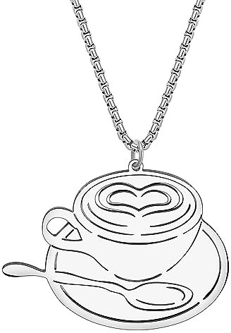RAIDIN 18K Gold Silver Plated Stainless Steel Novelty Coffee Machine Necklace for Women Girls Kids Coffee Cups Pendant Jewelry Gifts for Party Favors (Silver-135)