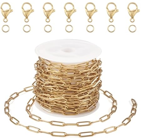 PandaHall 5m 304 Stainless Steel Necklace Chains Golden Paperclip Link Chains with 20pcs Lobster Claw Clasps 30pcs Jump Rings for Jewellery Making