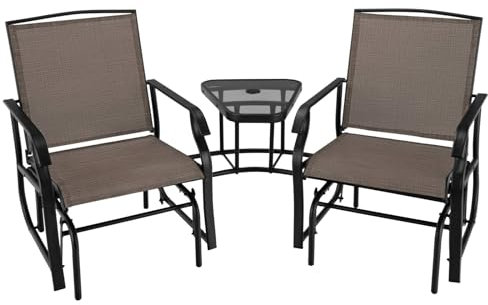 SFAREST Patio Double Rocking Chair, Outdoor 2-Seat Swing Glider Chair with Center Table, Outside Glider Loveseat for Poolside, Backyard, Garden (Brown)