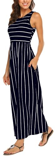 BDTECAOR Damen Ärmellose Sommer Lockere Maxikleid Casual Lange Kleid mit Taschen Dunkelblau L