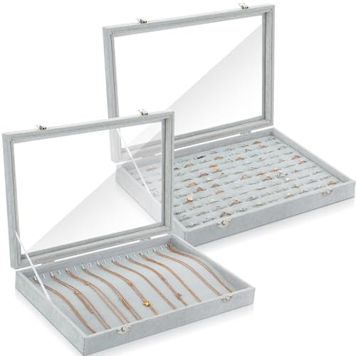 Yinkin 2 Pcs 100 Slots Ring Organizer Box with Transparent Glass Lid Necklace Display Tray Ring Case Velvet Jewelry Holder (Gray)