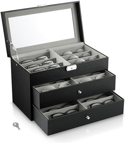 MoKo Sonnenbrillen Aufbewahrung für 18 Brillen, Brillenaufbewahrung Mehrere Brillen mit Sichtfenster Glasbox, Brillenbox mit Schloss für Sonnenbrille Uhren Schmuck, Schwarz