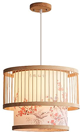 FYWRLQG Cylindrical Antique Pendant Light Round Bamboo Primary Hanging Lamp Rustic Asian Decor Suspension Light Wooden Natural Lantern Ceiling Chandelier For Dining Room, Bedroom, Farmhouse