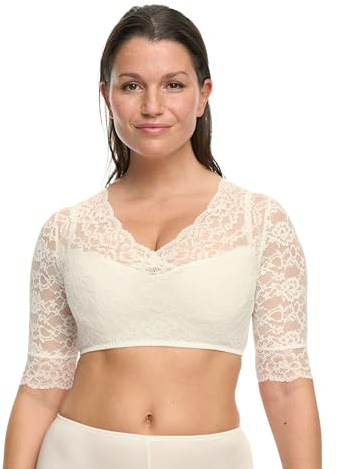 SUSA Damen Dirndlbluse Ivory - 5568 - Größe 40 - Mit Spitze & V-Ausschnitt - Elegante halbarm Trachtenbluse - Elastisch & Blickdicht - ideal für traditionelle Feierlichkeiten & Feste