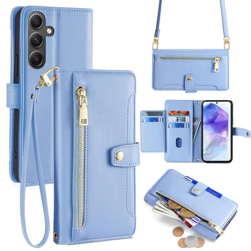 Handykette kompatibel mit Samsung Galaxy A55 | Leder Handyhülle mit Kartenfächern | Handyhülle zum Umhängen | Hellblau