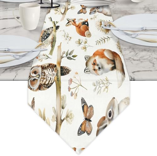 Mintoprints Tischläufer mit niedlichem Cartoon-Wald, Eule, Hase, waschbar, Läufer für Küche, Esszimmer, Hochzeit, Zuhause, Party, Tischdekoration, 33 x 152 cm