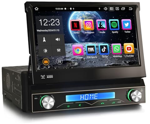 Erisin Android 13 8-Core Single Din Retractable Car Stereo DAB+ Radio GPS Sat Nav 7 Inch 1 Din Touch Screen Bluetooth 5.0 Support Wireless CarPlay Android Auto WiFi RDS DVR ADP2 OBD2 2GB RAM+32GB ROM