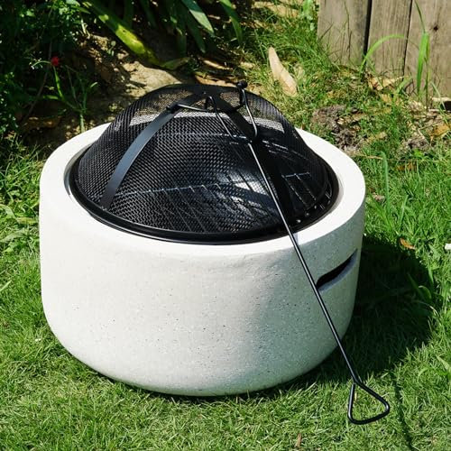 Gr8 Garden Cream Round MGO Fire Pit Round 18 inch Barbecue Outdoor Garden Patio Backyard Barbeque with BBQ Grill Bowl Mesh Cover And Poker Camping Heater Burner