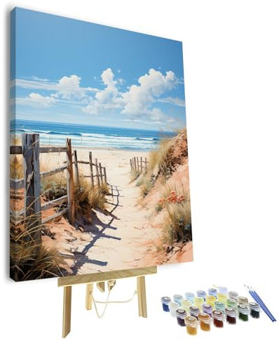 Strand Malen nach Zahlen für Erwachsene Zaun Malen nach Zahlen Kit für Erwachsene Landschaft Acryl Malen nach Zahlen Kits auf Leinwand Seaside Ölgemälde für Geschenk Home Wall Decor 16 x20(gerahmt)