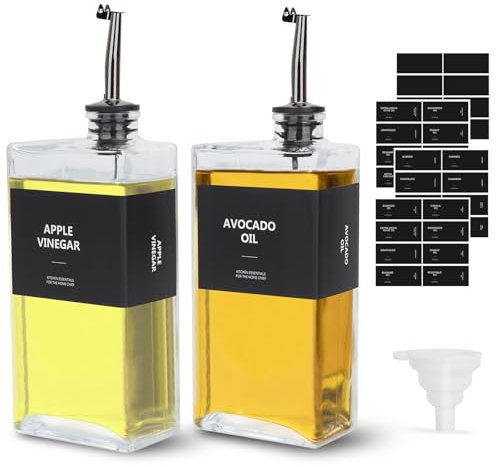 sunal Olive Oil Dispenser Bottles,Black Oil Bottle for Kitchen,500ml/16.9 oz Glass Oil and Vinegar Dispenser Set,Oil Bottle with Weighted Pourer and Waterproof Label&Silicone Funnel,2pack