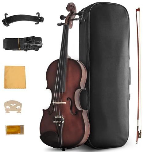 Ceciliec Acoustic Violin 4/4 Full Size, Solid Wood Fiddle for Beginners Adults, Ebony Fitted Satin Antique Finish Violin Starter Kit with Hard Case