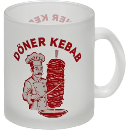 Döner Kebab Logo Glas Tasse Vintage Retro Design Tasse in Rot und Weiß für Schnurrbart Köche mit Döner-Liebe