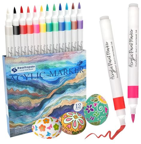 Realtopdo Acrylic Paint Pens Brush-Markers for Rock Painting Glass Stone Wood Craft Supplies,12 Vibrant Colors Acrylic Pens for Ceramic Wood Christmas Easter Egg Pumpkins Scrapbook (12)
