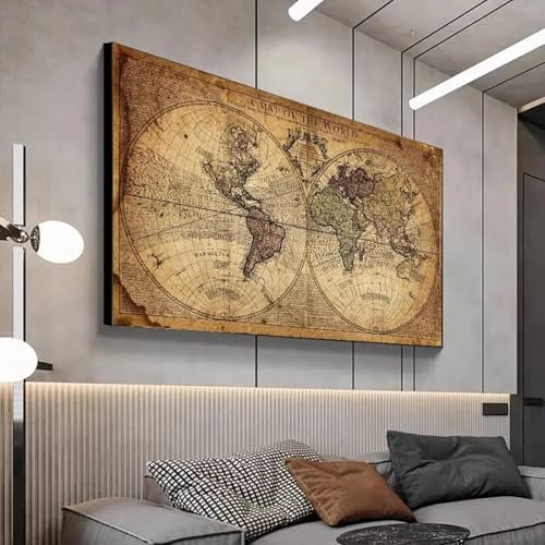 JACBON Vintage carte du monde rétro vieille photo toile peinture pour salon affiche imprime maison bureau étude mur Art décor 70x140 cm sans cadre