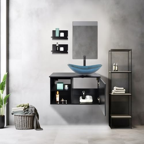 YU YUSING Mueble de Baño con Lavabo Vidrio y Espejo, Mueble Armario para Baño Bajo Lavabo con 2 Estantes Pared 1 Puerta, Juego de Grifo, Conjunto Muebles, Moderno Azul Oscuro