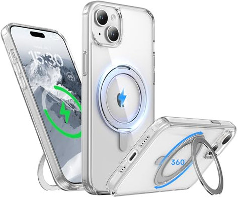 Niunisi Stand for iPhone 15 Case, [Compatible with Mag Safe] 360° Rotatable Ring Holder Kickstand Military Shockproof Protective Case for iPhone 15 6.1 Inch, Clear