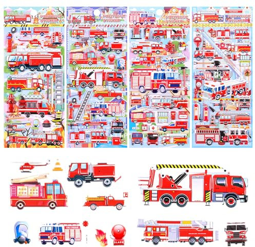 ZMDMAH 4 Blätter 3D Feuerwehr Sticker Kinder, Puffy Aufkleber Kinder Sticker Set, Feuerwehr Aufkleber Junge Mädchen, Aufklebers für Belohnungssticker Party Kindergeburtstag Gastgeschenke